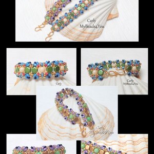 May include: A beaded bracelet with a gold clasp, featuring a pattern of green, blue, and peach-colored beads. The image includes the text "TUTORIAL" and the name "Carly MyBeads4You".