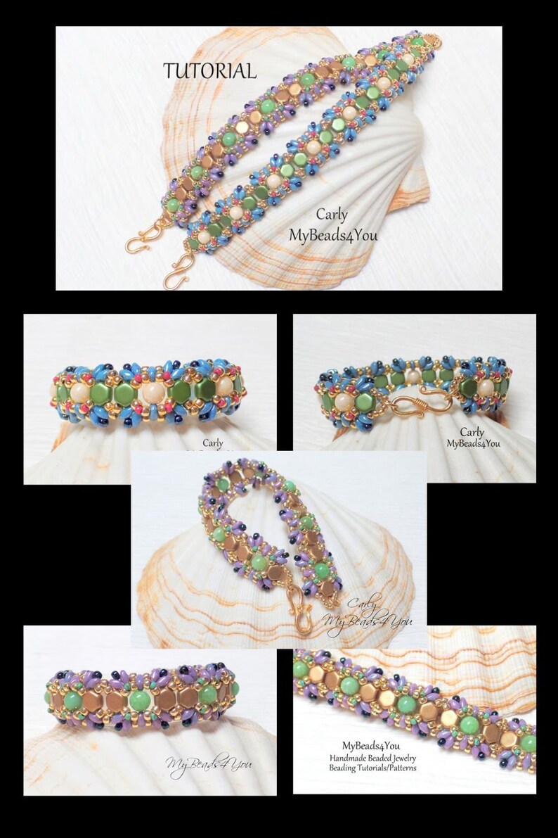 May include: A beaded bracelet with a gold clasp, featuring a pattern of green, blue, and peach-colored beads. The image includes the text "TUTORIAL" and the name "Carly MyBeads4You".