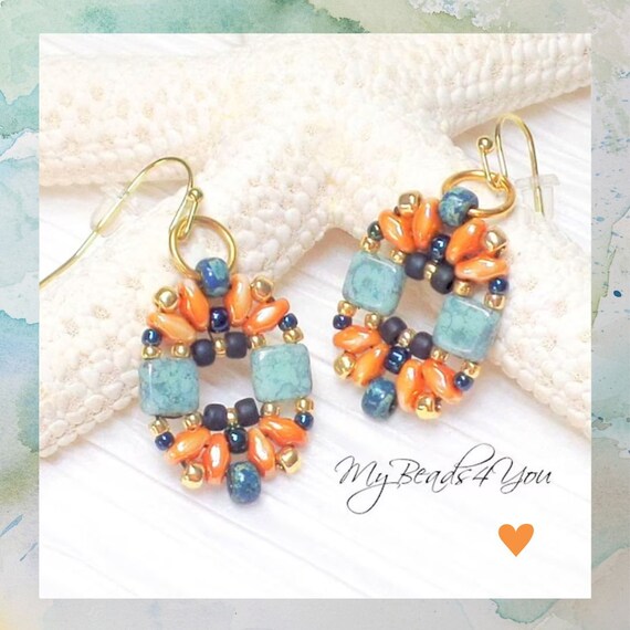 Maya Star Beaded Earrings, Super Duo Jewelry for Women, Apricot Blue Turquoise Earrings, Boho Summer Fashion Jewelry, Seed Bead Boho Design