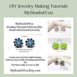 May include: A close-up of a pair of turquoise, purple and black beaded earrings. The earrings are labelled "Star Light Beaded Earrings". The image also includes text that reads "MyBeads4You Beading Tutorials/Patterns/Kits Handcrafted Beaded Jewelry" and "MyBeads4You.Etsy.com".