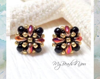 Black Gold Beaded Stud Earrings - Boho Small Seed Bead Post Earrings - Unique Gift For Her - Handmade Earrings For Women - Mothers Day Gift