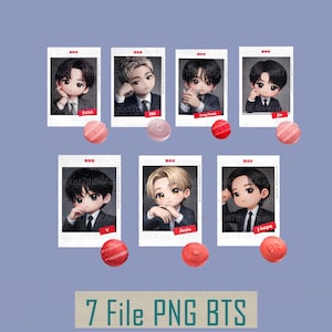 May include: Seven rectangular cards featuring chibi-style illustrations of BTS members Suga, RM, Jung Kook, Jin, V, Jimin, and j-hope in suits. Each card includes the member's name on a red label. Seven circular red and pink tokens are scattered below.
