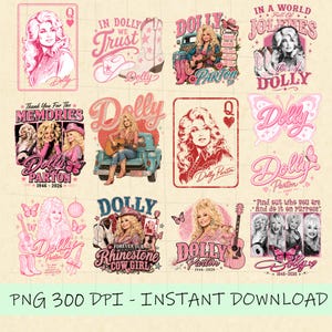 May include: A digital collection of twelve Dolly Parton graphic designs featuring pink and blue colour palettes, illustrations of guitars, cowboy boots, butterflies, and vintage trucks, with text including Dolly Parton, In Dolly We Trust, and 1946-2026.