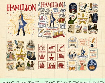 Hamilton musical png-bundel, Alexander Hamilton clipartpakket, Schuyler Sisters png, Broadway muzikale citaten, vintage theaterontwerp