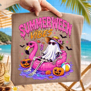 Vibras de verano de Halloween PNG, Flotador de piscina fantasma PNG, Sublimación de verano de fantasmas calientes, Archivo PNG de diseño de camiseta retro de Halloween de verano, Temporada espeluznante
