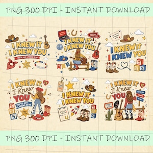 K&ouml;nnte beinhalten: Ein digitales Grafikset mit sechs Illustrationen und dem Text I KNEW IT I KNEW YOU. Die Designs enthalten Cowboyh&uuml;te, akustische Gitarren, Stiefel, Holzkl&ouml;tze, Sterne und Musiknoten in einem farbenfrohen, vom Western inspirierten Stil.