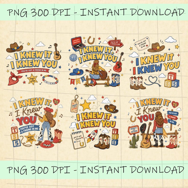 K&ouml;nnte beinhalten: Ein digitales Grafikset mit sechs Illustrationen und dem Text I KNEW IT I KNEW YOU. Die Designs enthalten Cowboyh&uuml;te, akustische Gitarren, Stiefel, Holzkl&ouml;tze, Sterne und Musiknoten in einem farbenfrohen, vom Western inspirierten Stil.
