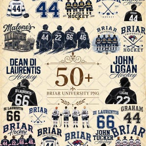 May include: A collection of Briar University hockey-themed graphics. Includes jersey designs with numbers 44, 22, 66, and 46, along with hockey sticks, helmets, and the text "Briar University Hockey". The design has a vintage aesthetic.