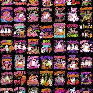 May include: A digital collection of graphic designs featuring ghosts, skeletons, and ghouls in summer settings with tropical elements like pineapples, watermelons, and palm trees. The colorful illustrations include text such as Spooky Summer.