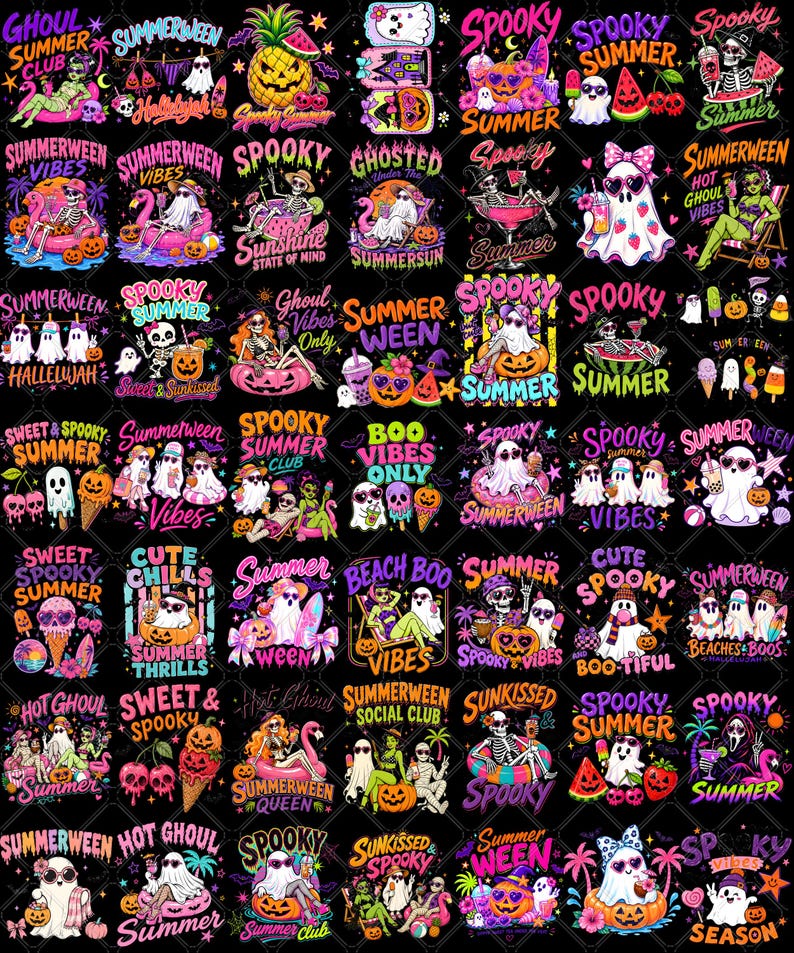 Puede incluir: Una colecci&oacute;n digital de dise&ntilde;os gr&aacute;ficos con fantasmas, esqueletos y necr&oacute;fagos en entornos veraniegos con elementos tropicales como pi&ntilde;as, sand&iacute;as y palmeras. Las coloridas ilustraciones incluyen texto como Spooky Summer.