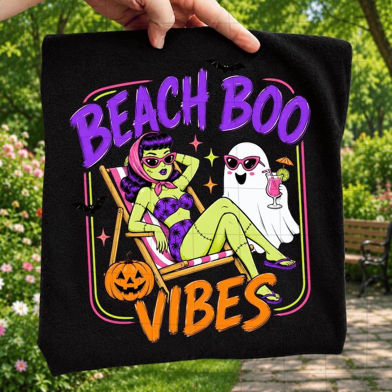 Puede incluir: Una camiseta negra con un estampado gr&aacute;fico con el texto BEACH BOO VIBES. El dise&ntilde;o muestra a un personaje de piel verde con bikini morado y gafas de sol descansando en una silla de playa junto a un fantasma blanco con un c&oacute;ctel rosa.
