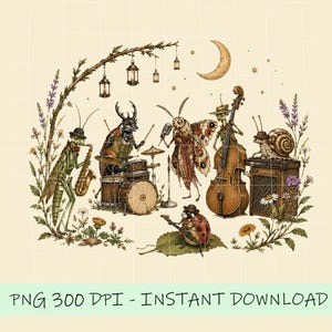 Vintage Insektenband (PNG), Insektenmusiker (PNG), Cottagecore-Insektenorchester, Lustiges T-Shirt-Design für Naturliebhaber, Geschenke für Insektenfreunde