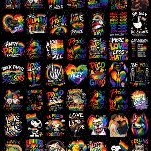 Op de afbeelding: Een verzameling kleurrijke grafische ontwerpen met tekst en illustraties, ter viering van LGBTQ+ trots. Ontwerpen bevatten zinnen als "Love is Love", "Pride Month" en "Be Gay". De afbeeldingen bevatten regenbogen, harten en verschillende karakters.