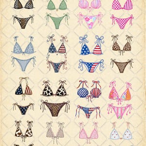 Op de afbeelding: Een digitale collectie van zestien bikinisets gerangschikt in een vier-bij-vier raster. De illustraties bevatten diverse patronen, waaronder luipaardprint, gingham, Amerikaanse vlagmotieven, bloemendesigns, koeienvlekken en strepen in diverse kleuren.