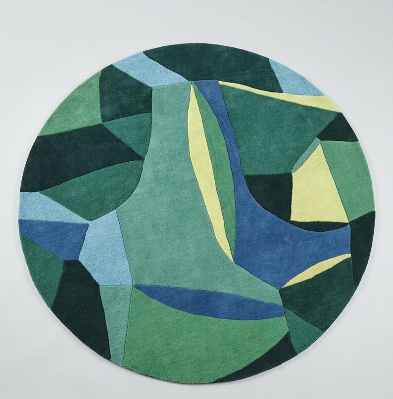 Modern Geometric Round Rug - Hand Tufted Wool Carpet in Green & Blue ...