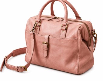 Women Dusty Pink Pebbled Leather Satchel Bag | Boston Bag & Crossbody Duffle Real Handbag |