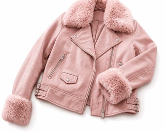 Luxury Blush Pink Faux Fur Trim Biker Jacket for Women – Soft Winter Moto Coat