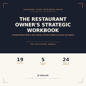 May include: An advertisement for a business workbook for restaurant owners. The title, "The Restaurant Owner's Strategic Workbook," is in large white text. The image includes the text "19 Weapons," "5 AI Power Moves," and "24 Pages of Strategy."