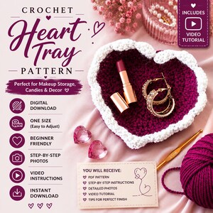 May include: A crochet heart-shaped tray pattern with a burgundy and white color scheme. The tray is filled with a lipstick and hoop earrings. The image includes text that says "Crochet Heart Tray Pattern" and "Includes Video Tutorial".