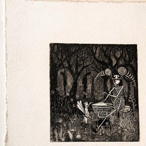 May include: A monochrome print showing a skeletal musician playing a drum in a forest. The image features detailed linework, a fairy-like figure, and stylized trees. The artwork is on textured paper with a deckled edge.