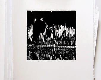 Pasteles de lava - Pájaro a la luz de la luna - Grabado original en madera - Edición limitada