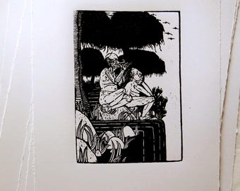 Cascada - Grabado original en madera - El flautista y el observador - Edición limitada de bellas artes