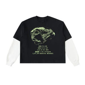 Op de afbeelding: Zwart shirt met lange mouwen en witte mouwen, met een kattenafbeelding en neon groene tekst. De tekst luidt: "BORN TO LIVE", "WORLD IS A CAT", "Lick Em All 2024", "I am a kilogram" en "3,241,359 BEAUTIFUL UNIVERSES".