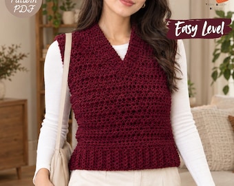 Crochet V-Neck Vest Pattern PDF, Easy Sleeveless Sweater Tutorial for Women, DIY Layering Top, Casual Handmade Apparel, Instant Download