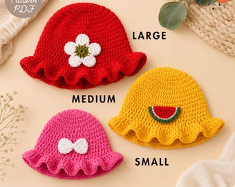 Ruffle Crochet Bucket Hat Pattern PDF, Baby Kids Adult Hat Crochet Pattern, 3 Sizes, DIY Summer Beach Hat, Instant Download