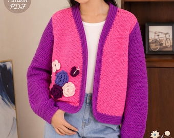 Sweet Petals Crochet Cardigan Pattern PDF, Girls Flower Cardigan Pattern, Kids Crochet Sweater 8-12 Years, Long Sleeve Jacket