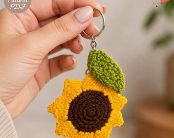 Crochet Sunflower Keychain Pattern PDF, DIY Flower Keyring & Bag Charm, Beginner Crochet Pattern, Backpack Accessory, Instant Download