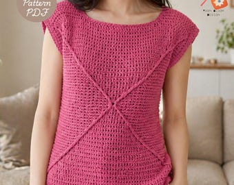 Pink Aura Cross Crochet Top Pattern PDF, Summer Crochet Shirt Pattern, Easy Boho Top DIY, Women Crochet Blouse Tutorial