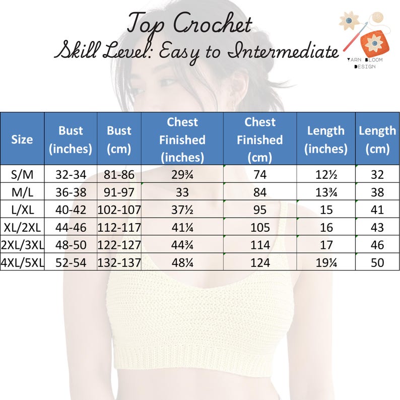 May include: A light yellow crochet top with a V-neck design. The image includes a size chart with bust and chest measurements in inches and centimeters. The skill level is easy to intermediate.
