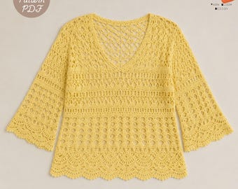 Lemon Glow Lace Crochet Top Pattern PDF, Boho Summer Crochet Blouse, V Neck Lace Sweater Pattern, Women’s Crochet Top Tutorial