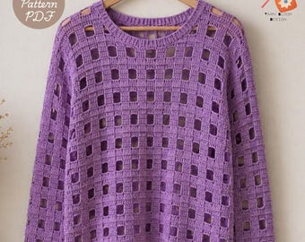 Lavender Windowpane Crochet Top Pattern PDF, Mesh Sweater Pattern, Easy Crochet Pullover, Boho Summer Top, Beginner Friendly