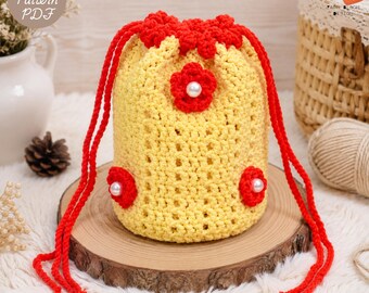 Flower Drawstring Bag Crochet Pattern PDF, DIY Bucket Purse Tutorial, Beginner Friendly, Instant Download, Handmade Gift Bag