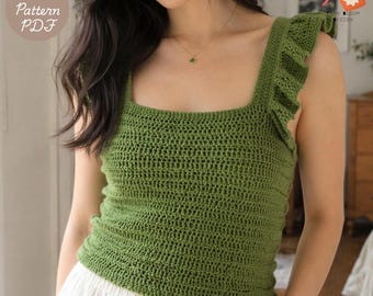Olive Green Crochet Top Pattern PDF, Ruffle Strap Summer Tank, Beginner Friendly, Boho Crop Top, Instant Download, XS-5X Size
