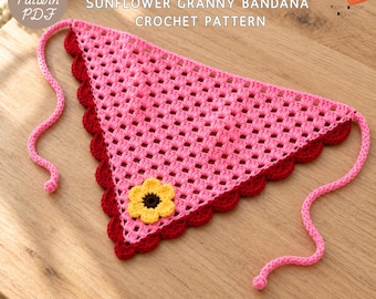 Crochet Bandana Pattern PDF, Sunflower Granny Head Scarf, Floral Hair Kerchief, Scalloped Boho Headband, Easy Crochet Tutorial