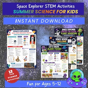 Puede incluir: Un conjunto digital imprimible de actividades STEM Space Explorer para niños, que incluye instrucciones para construir un cohete, crear comida alienígena, diseñar una aventura planetaria y un desafío de rover espacial, con ilustraciones y texto coloridos.
