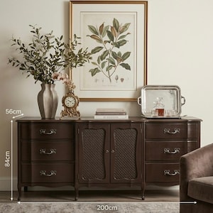 May include: A dark brown wooden sideboard, 200cm wide and 84cm tall, with six drawers and two doors. The doors have a woven pattern. A framed botanical print, a silver tray, and a vase with greenery are on top. A decorative clock is also visible.