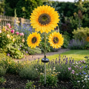 Puede incluir: Una estaca de jardín con energía solar con tres girasoles artificiales. Los girasoles tienen pétalos de color amarillo brillante y centros de color marrón oscuro. Las flores están unidas a un tallo verde con hojas, y un panel solar negro está en la base.