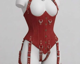 Ensemble corset en cuir pour femme - Harnais gothique rouge avec détail ras de cou