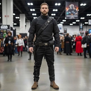 May include: A black long-sleeved shirt with a high collar and matching black pants featuring white stitching. The outfit includes a black utility belt with pouches, a diagonal shoulder strap with a metal buckle, and brown ankle boots.