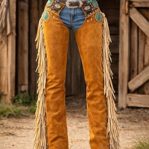 May include: Tan suede leather chaps featuring long fringe along the outer legs, worn over blue denim jeans. The waistband is adorned with silver-toned metal hardware, intricate floral engravings, and circular turquoise-colored stone accents.