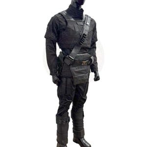 May include: A black tactical costume set featuring a long-sleeved shirt, pants, and a high-neck collar. The outfit includes a structured chest plate, a diagonal shoulder strap with integrated loops, a utility belt with a front pouch, and tall boots.
