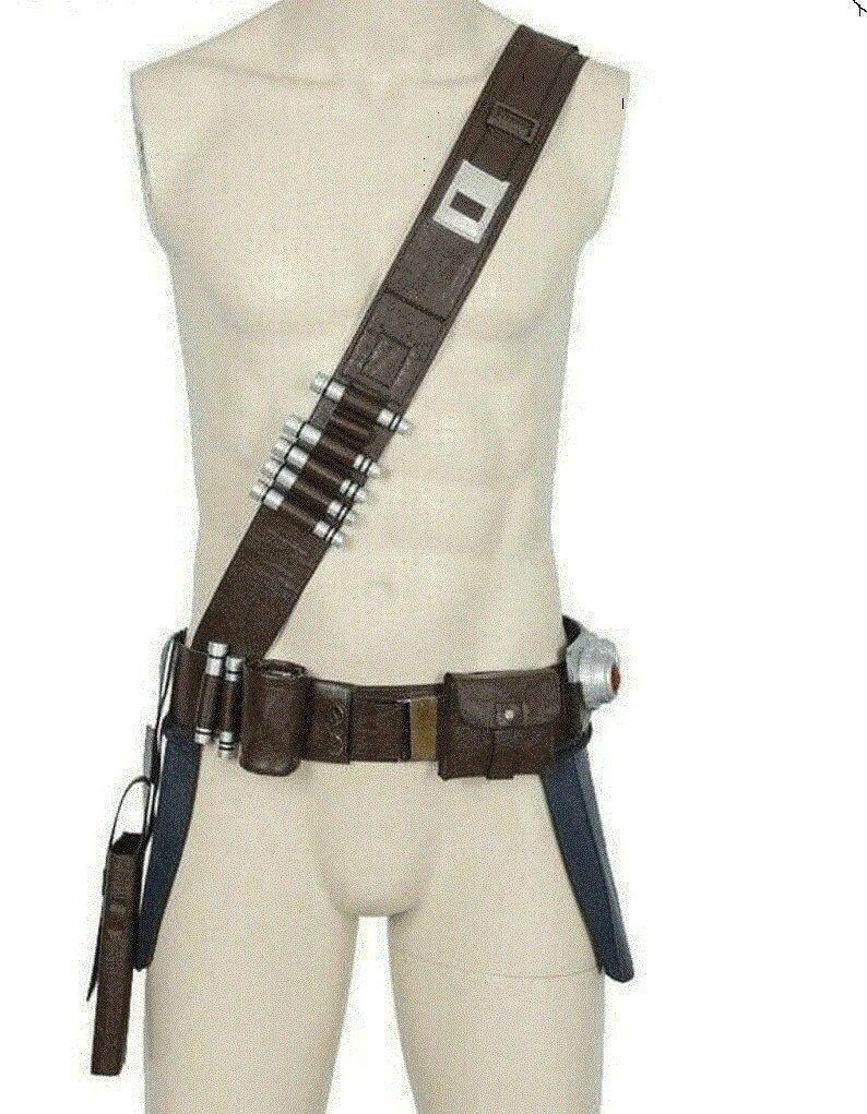 May include: A brown utility belt with multiple pouches, a holster, and a bandolier with silver-tipped bullets. The belt is worn diagonally across the chest. A silver rectangular buckle is on the shoulder strap.