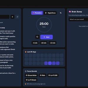May include: Dark blue digital interface with a timer set to 25:00, task list, and focus options. The interface includes a 'Start' button, a 'Brain Dump' section, and options for 'Brown Noise' and 'Lo-Fi Chill'.