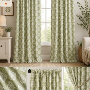 Könnte beinhalten: Salbeigrüne Gardinen mit weißem Blättermuster. Die Vorhänge hängen vor einem Fenster. Das Bild enthält den Text "Etsy Handmade With Love". Die Vorhänge werden als weich und strapazierfähig mit einem eleganten Druck und Textur beschrieben.