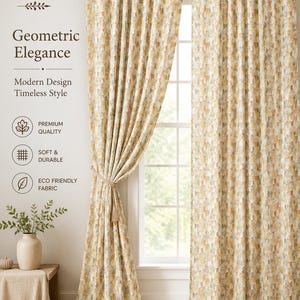 May include: Two beige geometric patterned curtains hang on a brown rod, framing a window. The curtains are tied back with a rope tieback. The text "Etsy Geometric Elegance Modern Design Timeless Style Premium Quality Soft & Durable Eco Friendly Fabric" is visible.