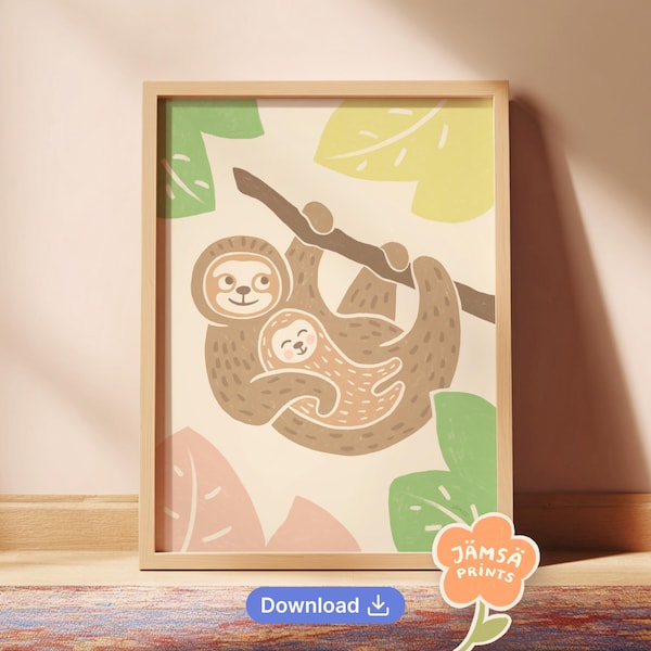 Faultier Kinderzimmer Wandkunst, Wald Baby Zimmer Dekor, Geschenk zur Babyparty (Digitaler Download)